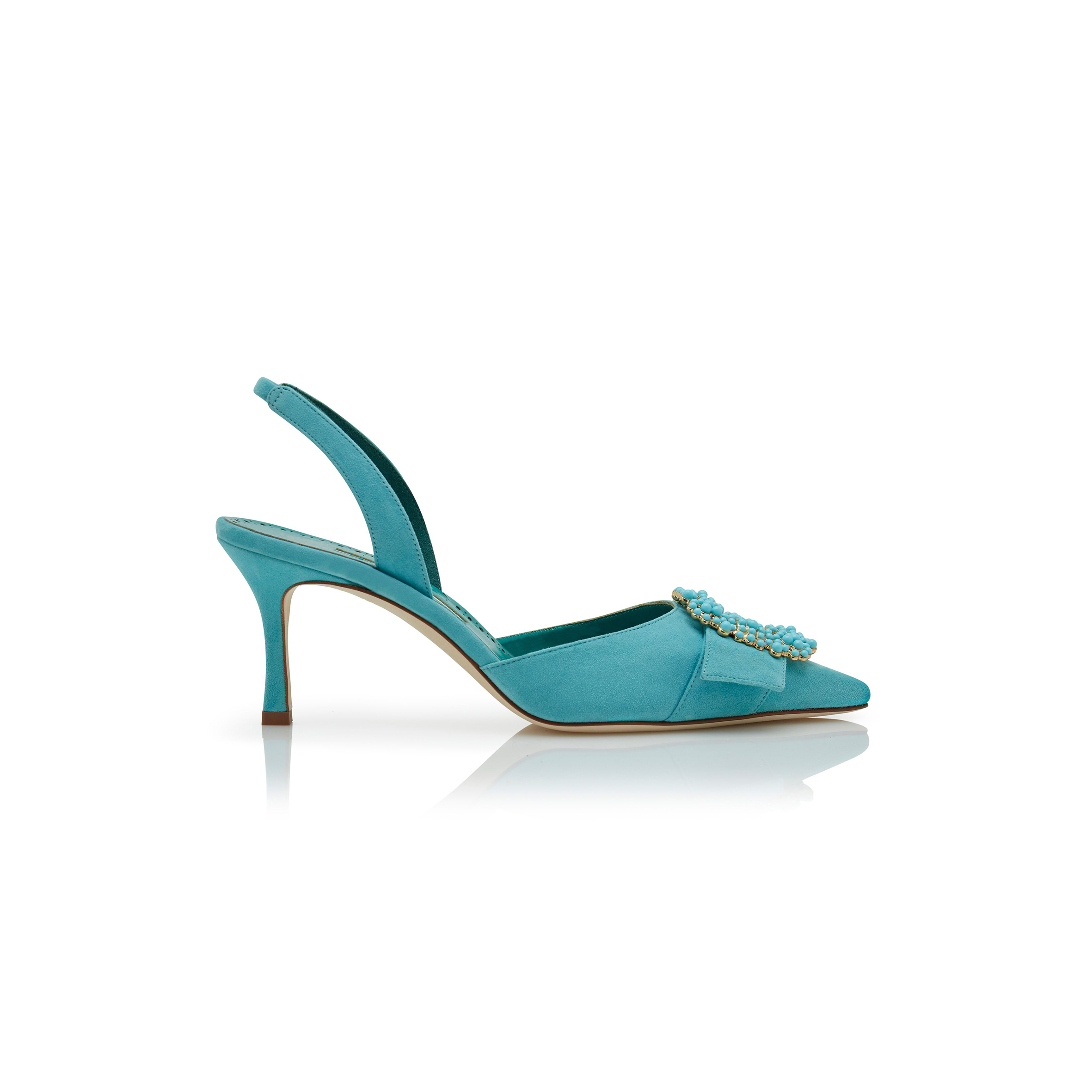 MANOLO BLAHNIK GIBSLIUS LIGHT BLUE SUEDE PEARL BUCKLE SLINGBACK PUMPS 125-2897-0003